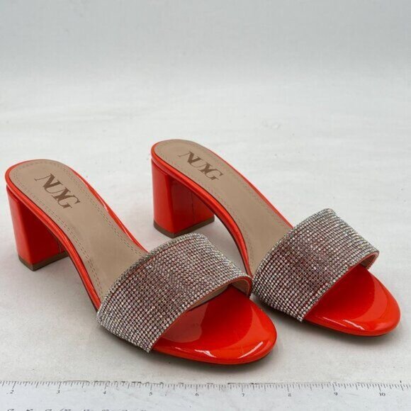 Orange Open Toe Rhinestones Slip On Slide Sandals Chunky Heel Backless Mule - Picture 3 of 8